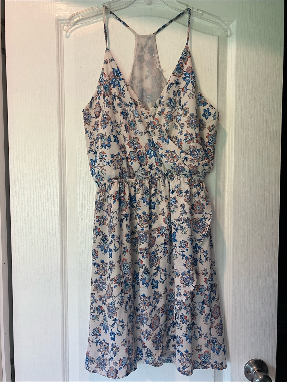 Lush Cream Mini Dress with Blue & Brown Floral Print